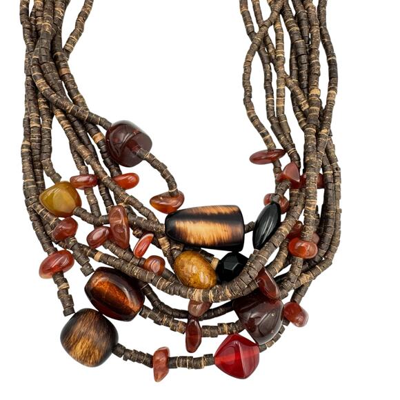 Chico’s Multi Strand Wood Bead Brown Red Stones Short Chunky Statement Necklace - Picture 2 of 8